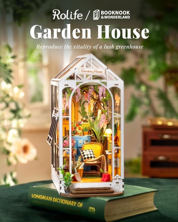 supplier direct rolife book nook kit wooden bookcase 9.5" garden house miniature kit with led decorative bookends, 3d puzzles for adults craft hobby for girls boys adults wholesale prices