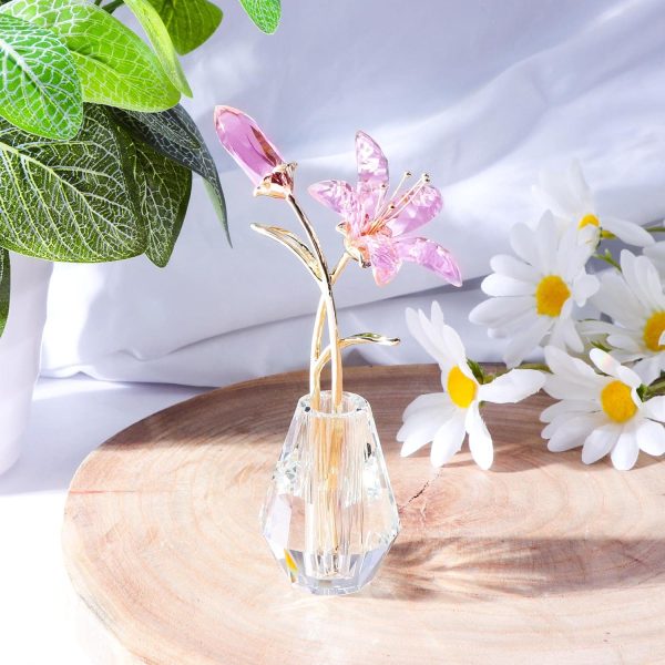 oem/odm services ywhl crystal lily flower figurine with vase, handmade pink lily flower gifts for woman, wedding gifts for couple, home party decorations (pink lily) affordable bulk deals