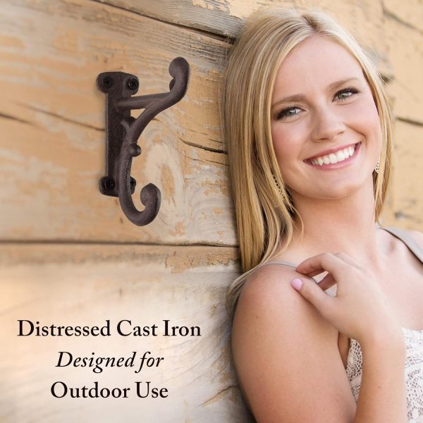 competitive pricing rustic cast iron coat hooks (3 pack) rustic dark brown, wall mounted, farmhouse decorative, heavy duty wall hooks for hanging coats, hats, towels (mounting hardware included) one-stop wholesale
