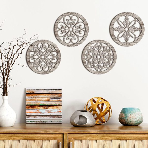 bulk purchase yulejo 4 pcs thicken rustic wall decor farmhouse wall art wooden hollow carved design decor rustic round wall art for living room bedroom hallway decor kitchen wall (retro white,9.8 x 9.8 inch) trade price