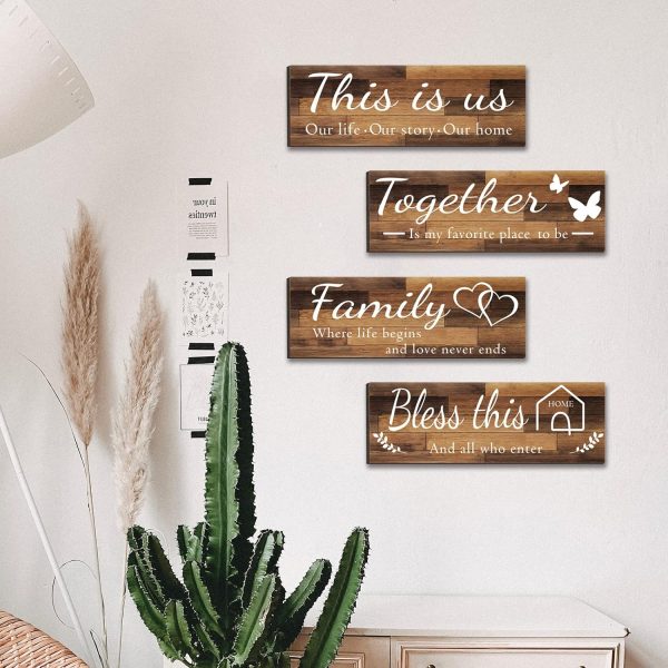 bulk purchase 4 pieces home wall signs, this is us/together/bless this home/family wall decor for living room bedroom, rustic wooden farmhouse wall art , 4.7 x 13.8 inch(brown) trade price