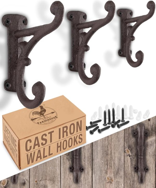 competitive pricing rustic cast iron coat hooks (3 pack) rustic dark brown, wall mounted, farmhouse decorative, heavy duty wall hooks for hanging coats, hats, towels (mounting hardware included) one-stop wholesale
