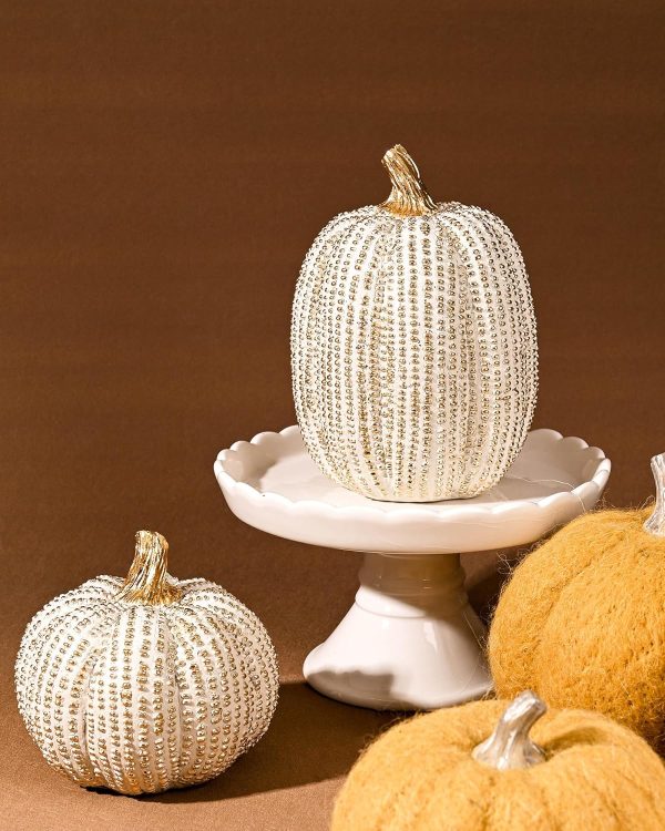 dropship from factory fall thanksgiving pumpkin decor figurine clearance, 2 pcs fake pumpkin statues for helloweentabletop decorating, white and gold resin pumpkins for autumn harvest home decor, farmhouse, gift package mass production supply