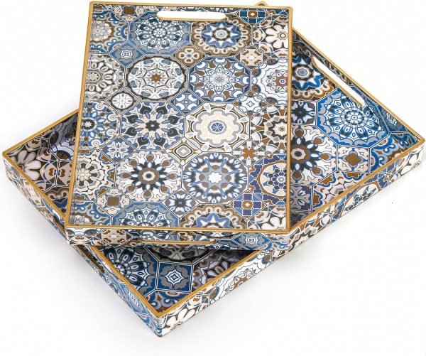 wholesale direct hiceeden set of 2 decorative serving trays with handles, boho tea trays ottoman trays for serving, modern plastic coffee table tray for living room, kitchen, bathroom, rectangle, blue bulk purchase at factory prices
