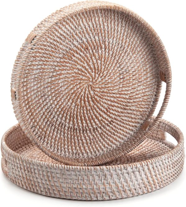 wholesale direct coffee table tray round rattan ottoman tray woven serving trays with handles for home and kitchen decorative white (large 14 inch x 2.8 inch) bulk purchase at factory prices