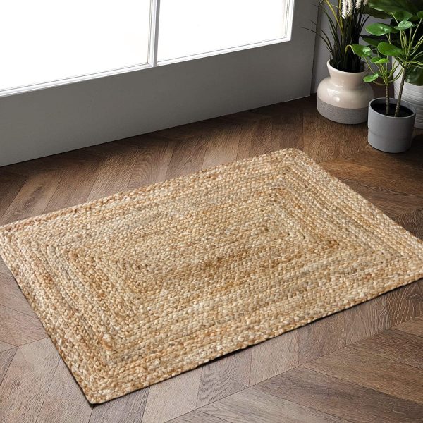 manufacturer direct hausattire hand woven jute braided rug, 2'x3' – natural, reversible boho entry area rugs for kitchen, living room i farmhouse indoor outdoor decorative floor rug, 24x36 inches trade price