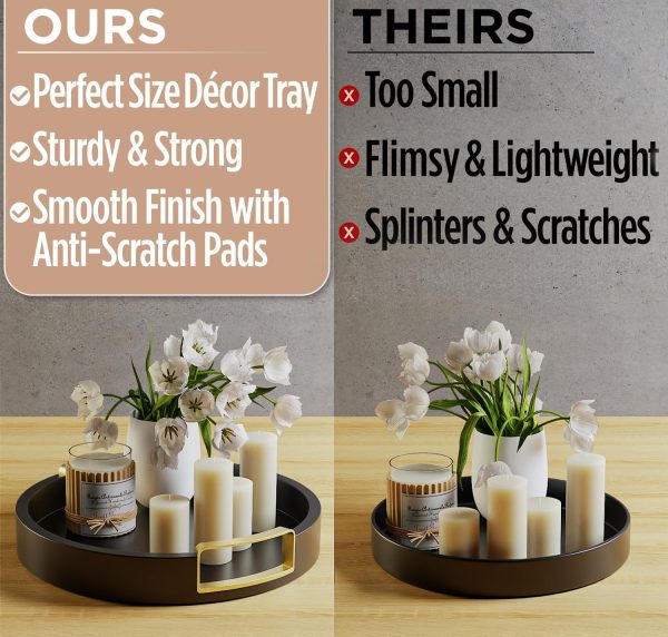 wholesale direct round decorative tray - 12" round black tray with gold handles - round coffee table tray - black round tray for kitchen counter - small round wood tray with handles - round serving tray with handles bulk purchase at factory prices