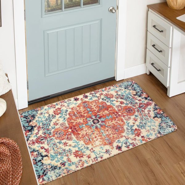 global sourcing lahome bohemian floral medallion area rug - 2x3 oriental distressed small bath rug country vintage doormat faux wool non-slip washable low-pile carpet for bathroom kitchen laundry room decor oem/odm services