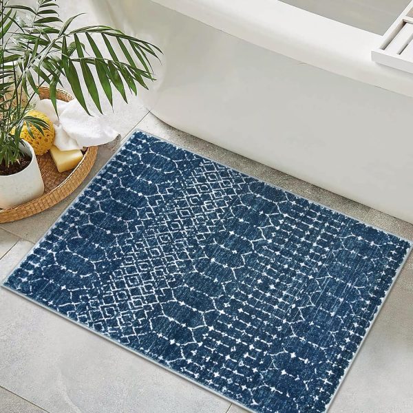global sourcing lahome moroccan indoor rugs for entryway - 2x3 area rug non-slip backing washable inside door mats low-profile throw soft rugs for bathroom, geometric print distressed blue rug for kitchen bedside oem/odm services
