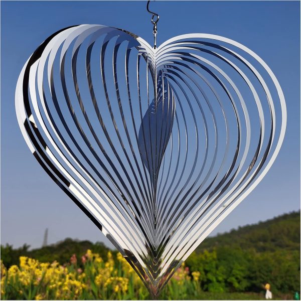producer to buyer djuan wind spinner outdoor metal decorations,silver heart wind spinners for yard and garden,stainless steel wind chimes for outside decor,birthday gifts for mom,mother's day,aunt gifts discounted pricing