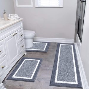 global sourcing pauwer bathroom rug mat set 3 piece, microfiber shaggy bath set, non-slip ultra soft carpet mats, absorbent with u-shaped toilet for bathroom, tub, shower, dark grey oem/odm services