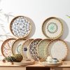 wholesale direct round rattan tray with mother of pearl inlay, rattan serving tray with wooden base, decorative wicker basket for table decor, storage and display of coffee bread food fruit (leaf) bulk purchase at factory prices