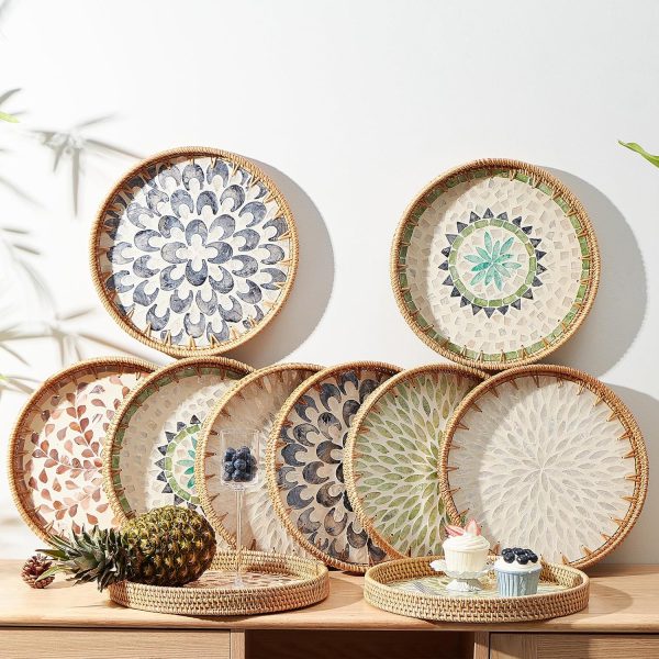 wholesale direct round rattan tray with mother of pearl inlay, rattan serving tray with wooden base, decorative wicker basket for table decor, storage and display of coffee bread food fruit (leaf) bulk purchase at factory prices