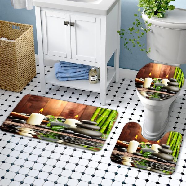 manufacturer direct lnond 4pcs spa bathroom shower curtain sets with rugs, stone bamboo bathroom sets with shower curtain and rugs and accessories trade price