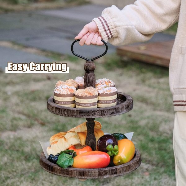 wholesale direct mustry rustic wooden 2 tiered tray, round farmhouse kitchen table decor serving tier tray, food fruits cupcake display coffee bar home party seasonal decorations (brown) bulk purchase at factory prices