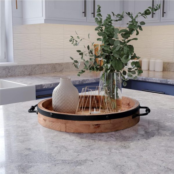wholesale direct round coffee table tray - 13'' farmhouse wood serving tray with metal handles - round decorative tray for coffee table - round ottoman tray decor - wooden circle tray for kitchen counter bulk purchase at factory prices