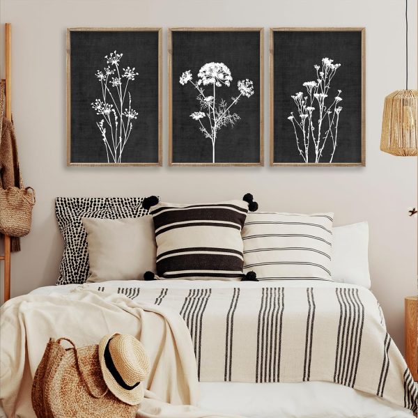 bulk purchase flower plant wall art decor 16"x11" set of 3 black and white botanical painting wood framed for minimalist bedroom office rustic living room abstract wildflower sign hanging (wood black) trade price
