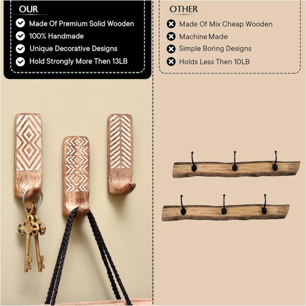 competitive pricing indian shelf 3 pack no damage wood wall hooks- adhesive wall hooks -boho key decorative wall hooks for hanging- wood hangers -sticky coat hooks wall mount- towel hooks for bathroom wall mounted-style1 one-stop wholesale