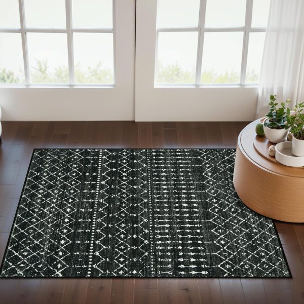 global sourcing beeiva moroccan washable entryway rug, vintage 2x3 rug non slip with rubberback, black thin geometric small rugs for entryway soft low-pile throw rugs for kitchen bathroom oem/odm services