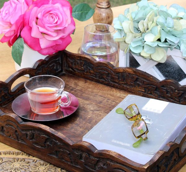 wholesale direct hand carved wooden serving tray - decorative breakfast tray with handles - rustic wooden food tray with intricate detail - unique furnishing accent - natural finish - 17 x 13 x 2.5 inch - cotton craft bulk purchase at factory prices