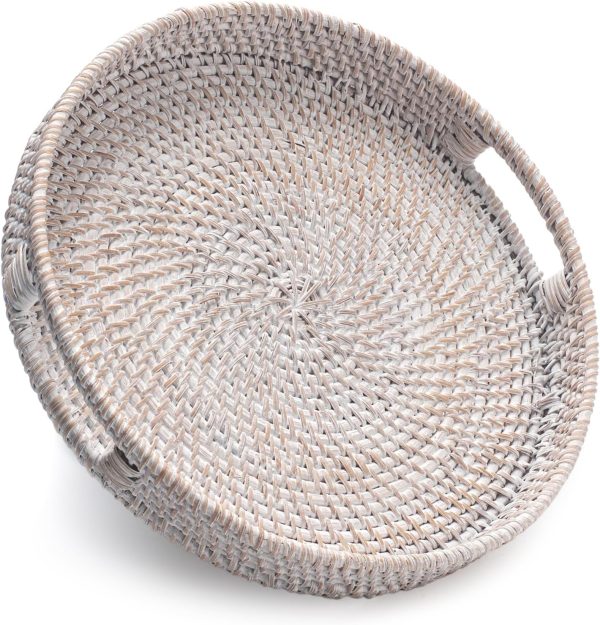 wholesale direct 11.8 inch round rattan tray, decorative coffee table tray, ottoman tray, woven serving tray with handles, wicker serving basket, whitewash bulk purchase at factory prices