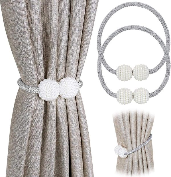 bulk purchase pinowu [2 pack] magnetic curtain tiebacks convenient drape tie backs,pearl decorative rope holdback holder for small, thin or sheer window drapries (gray)… factory discount