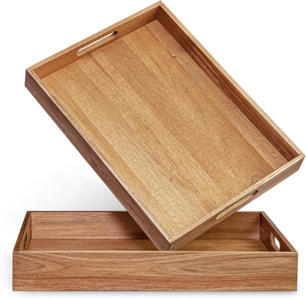 wholesale direct acacia wood serving tray with handles set of 2 – decorative serving trays platter for breakfast in bed, lunch, dinner, patio, ottoman, coffee table, bbq, party –great for lap &couch bulk purchase at factory prices