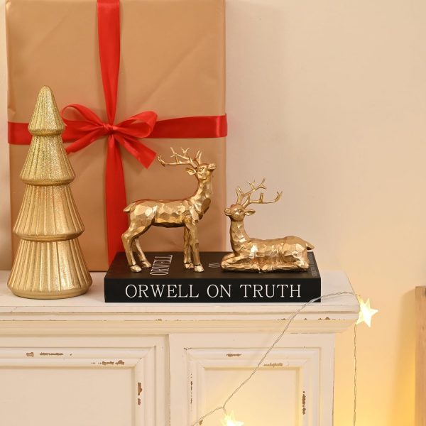 dropship from factory 2pcs resin reindeer figurines for christmas decor gold tabletop reindeer statues small decorative deer figurines for indoor christmas tabletop mantle decorations mass production supply