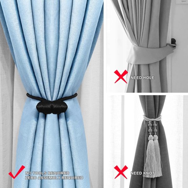 bulk purchase tifanso black magnetic curtain tiebacks - 4pcs curtain tie backs for curtains, decorative curtain ties holdbacks for drapes, boho drapery tiebacks, no drill curtain hooks for bedroom, farmhouse decor factory discount