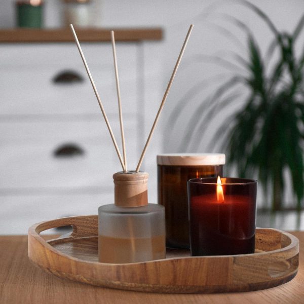 wholesale direct acacia wood serving tray with handles - 17"x13" round, decorative ottoman tray for living room, coffee table, breakfast in bed, candle display bulk purchase at factory prices