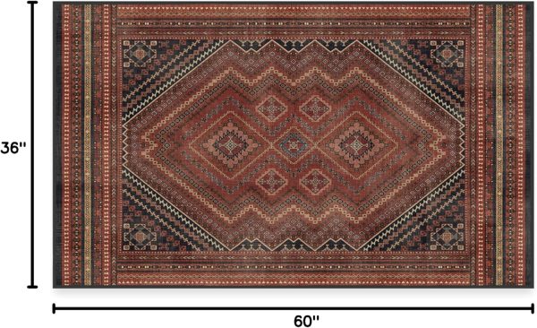manufacturer direct ruggable kaden washable rug - perfect vintage area rug for living room bedroom kitchen - pet & child friendly - stain & water resistant - amber red 3'x5' (standard pad) trade price