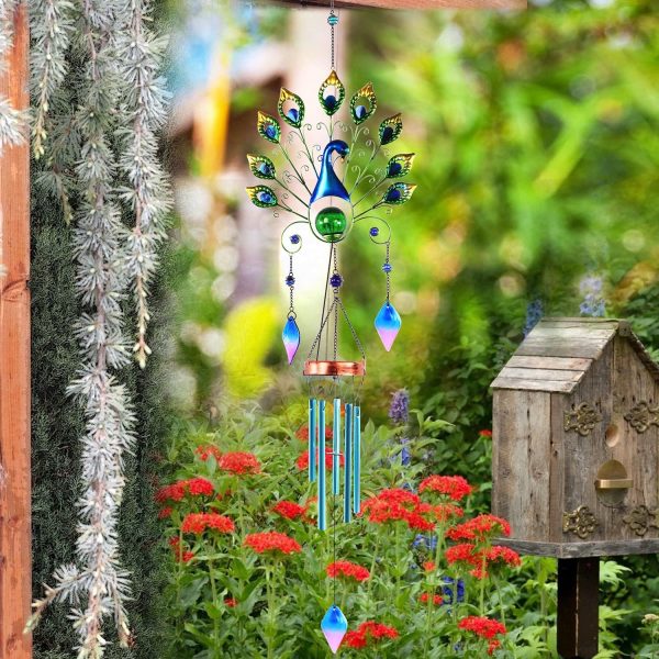 producer to buyer pearlstar solar wind chimes outdoor, 53.5" large peacock wind chimes light with crackle glass ball, waterproof colorful metal peacock wind chimes for garden patio yard home decor memorial gift… discounted pricing