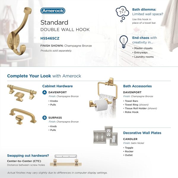 competitive pricing amerock h55465cz | adare double prong decorative wall hook | champagne bronze hook for coats, hats, backpacks, bags | hooks for bathroom, bedroom, closet, entryway, laundry room, office one-stop wholesale