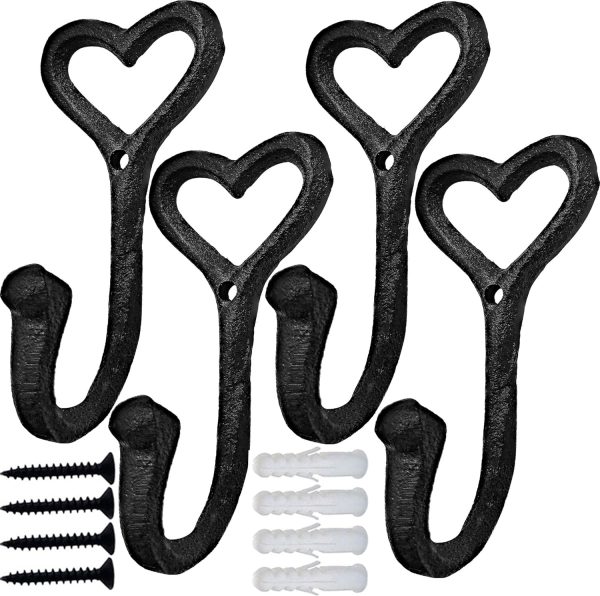 competitive pricing zeyu heavy duty coat hooks, 4pcs cast iron love heart shape wall hooks for hanging coats, black no rust hooks for scarf, bag, towel, key, cap, cup, hat one-stop wholesale