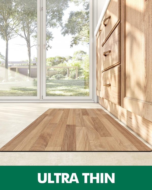 manufacturer direct lumi 2pcs ultra-thin wood grain kitchen mat set, low profile, non slip, quick dry, washable kitchen rugs, teak, 17"x31.5" + 17"x60" trade price