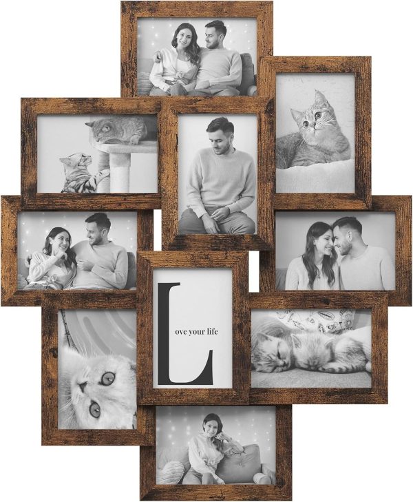 bulk purchase songmics collage picture frames, 4x6 picture frames collage for wall decor, 10 pack photo collage frame for gallery, multi family picture frame set, glass front, assembly required, rustic brown trade price