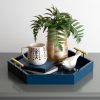 wholesale direct kate and laurel lipton hexagon decorative tray with polished metal handles, navy blue and gold bulk purchase at factory prices