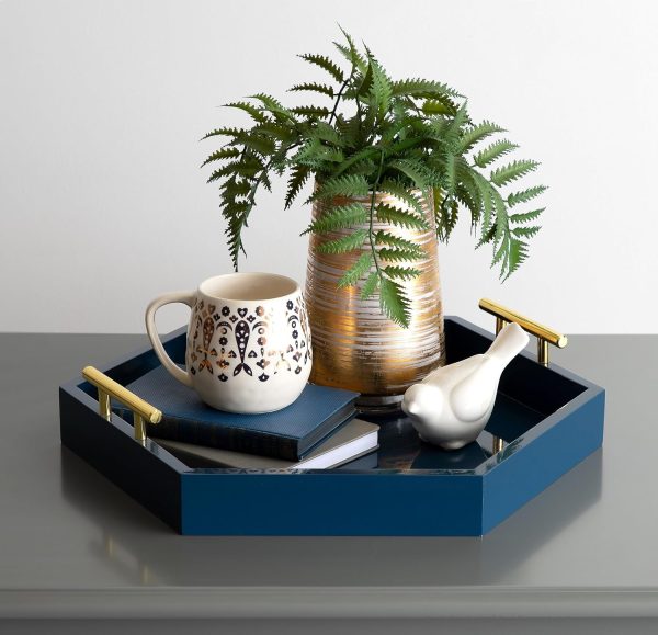 wholesale direct kate and laurel lipton hexagon decorative tray with polished metal handles, navy blue and gold bulk purchase at factory prices