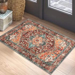 global sourcing washable area rug, 2x3 small entryway rug non-slip boho vintage rug with rubber backing, low pile faux wool soft distressed rug floor carpet for indoor door mat, kitchen, laundry bathroom oem/odm services