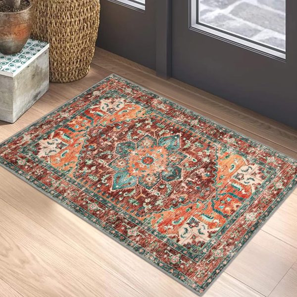global sourcing washable area rug, 2x3 small entryway rug non-slip boho vintage rug with rubber backing, low pile faux wool soft distressed rug floor carpet for indoor door mat, kitchen, laundry bathroom oem/odm services