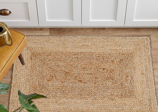 manufacturer direct jute braided natural rug 2’x3' -natural linen colour, hand woven & reversible for living room kitchen entryway rug, jute burlap braided rag rug 24x36 inch, farmhouse rag rug, rustic rug trade price