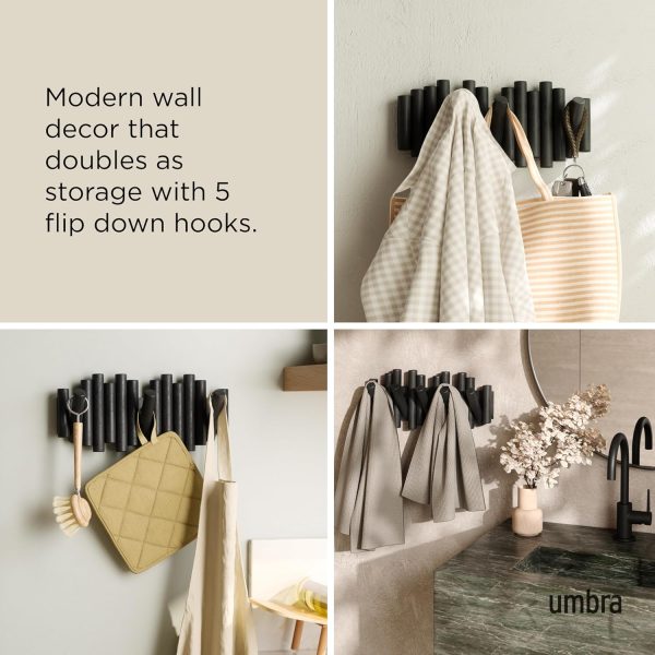 competitive pricing umbra picket wall-mounted coat rack rail hook with 5 retractable wood pegs – modern, space-saving storage organizer, black one-stop wholesale