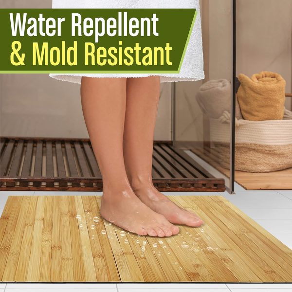 manufacturer direct serenelife bamboo bath mat floor rug - waterproof and weather resistant natural wood bathroom shower foot carpet with multi-panel strip foldable roll up non slip fabric for indoor use - slfbmt20 trade price