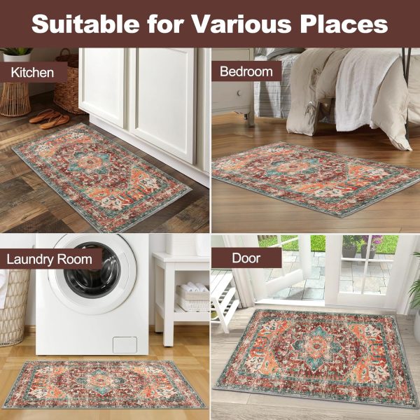 global sourcing washable area rug, 2x3 small entryway rug non-slip boho vintage rug with rubber backing, low pile faux wool soft distressed rug floor carpet for indoor door mat, kitchen, laundry bathroom oem/odm services