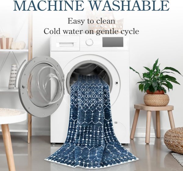 global sourcing lahome moroccan indoor rugs for entryway - 2x3 area rug non-slip backing washable inside door mats low-profile throw soft rugs for bathroom, geometric print distressed blue rug for kitchen bedside oem/odm services