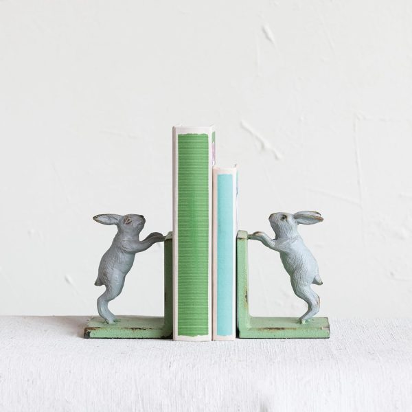 supplier direct creative co-op decorative 2-tone cast metal rabbit bookends, green and grey, set of 2 wholesale prices