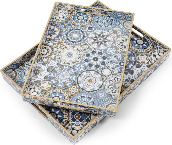 wholesale direct 2 pcs serving tray with handles bohemian decorative tray large ottoman tray for living room blue coffee table tray bulk purchase at factory prices