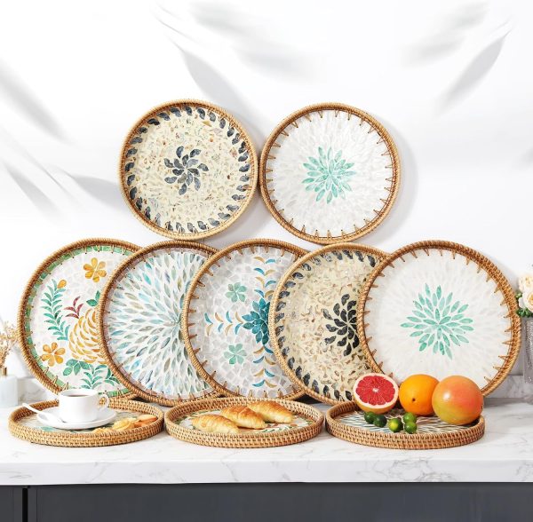 wholesale direct rattan serving tray with mother of pearl, round coffee table tray decor, round wicker tray, boho decorative tray, woven tray (lucky flower, 12 inch) bulk purchase at factory prices