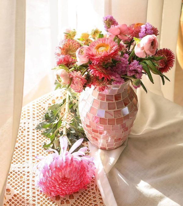 oem/odm services pink flower vase for decor - pink mosaic glass vase handmade modern decorative flower vases for home décor,table,shelf bookshelf, wedding banquet and centerpieces affordable bulk deals