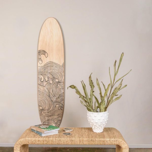 bulk purchase creative co-op coastal decorative surfboard wall décor for living room; contemporary wave design overlaid on light natural wood, 65.5" trade price